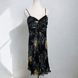 Black Floral Chiffon Slip Dress Y2K Ruched Bust Midi 14